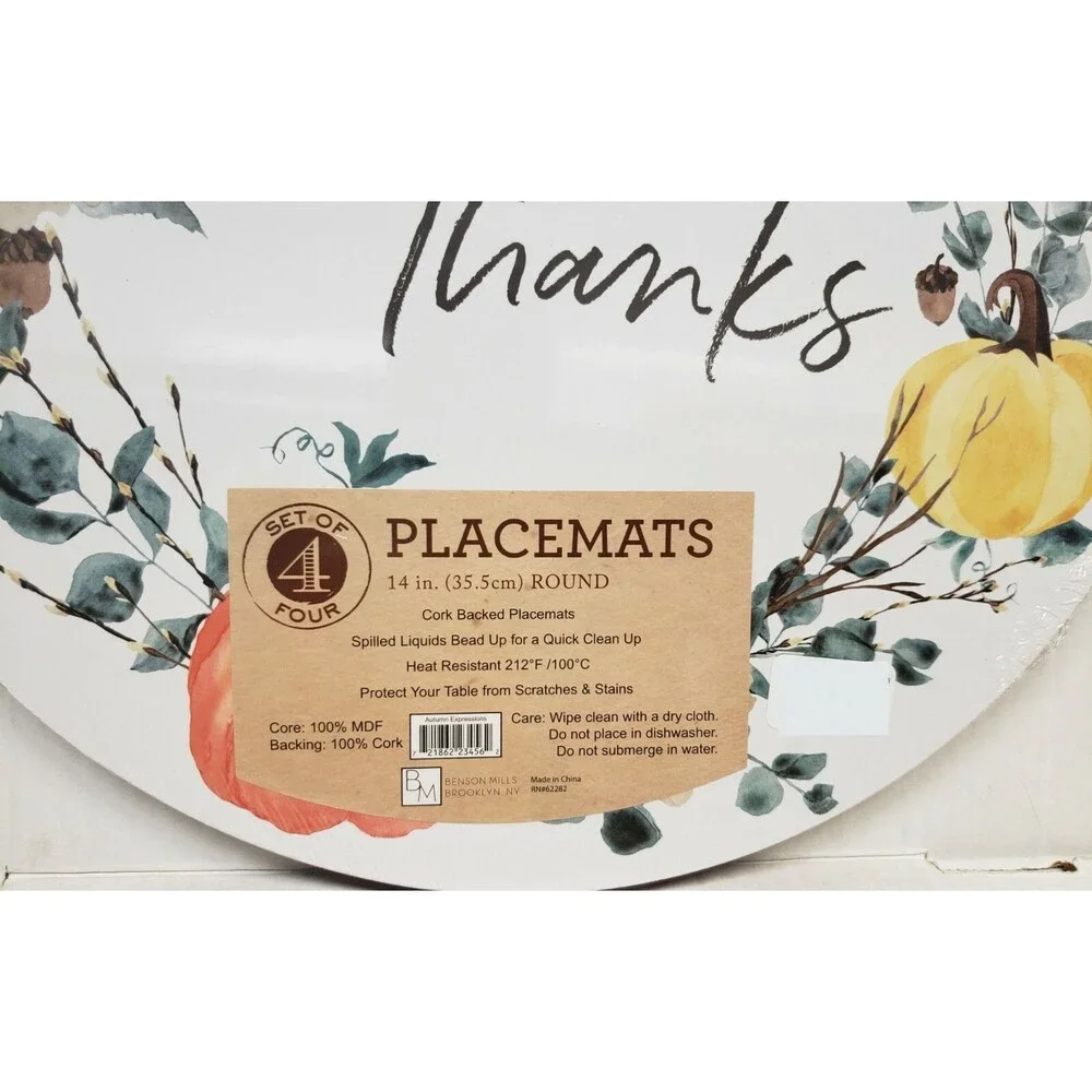 SET OF 4 HARD ROUND PLACEMATS W/CORK BACK(14